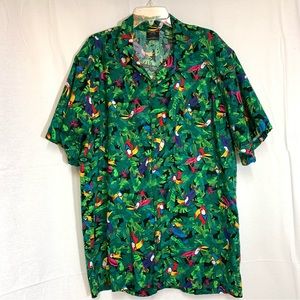 Vintage Toucan Dance Short Sleeve Button Front Hawaiian Shirt a size XL